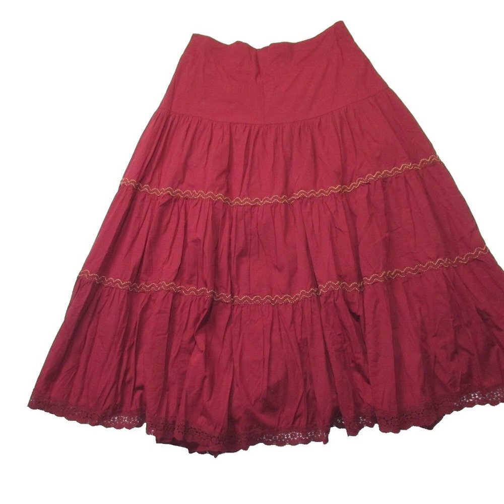 NWT Anthropologie Tiered Lace Maxi in Maroon Red Cotton Pull-on Skirt 1X - Picture 9 of 11